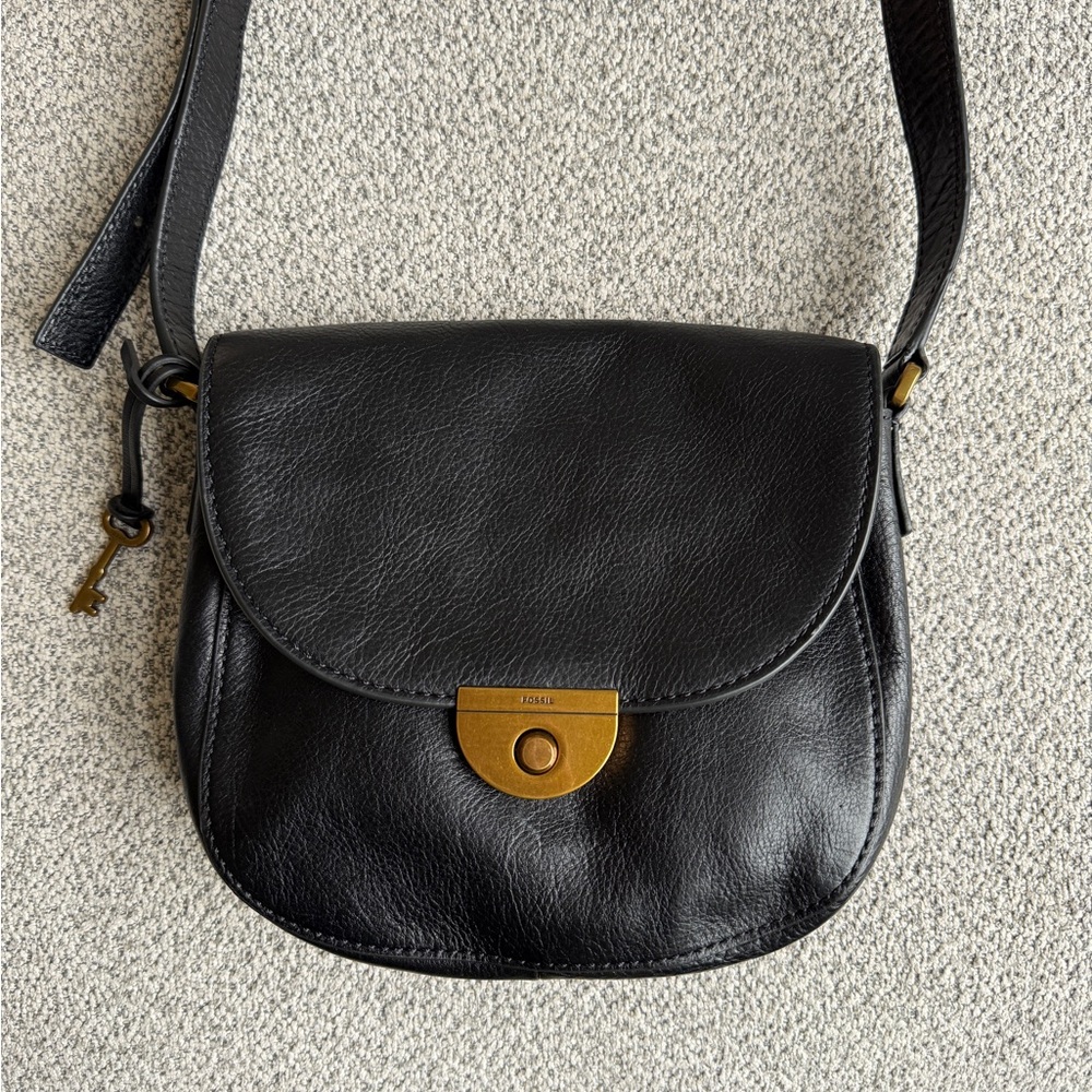 Vintage FOSSIL Emi Saddle Bag Leather Crossbody Handbag Black